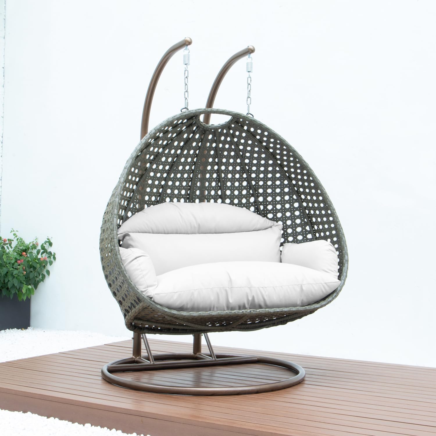 LeisureMod 2 Person Wicker Egg Chair Outdoor Indoor Bedroom Patio Hanging Lounge Swing Hammock Chairs with White Stand and UV Resistant Cushions (White)