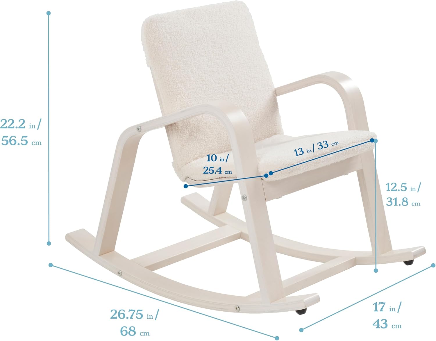 ECR4Kids Bentwood Reading Rocking Chair with Armrests and Cushion, Montessori Furniture, White Wash
