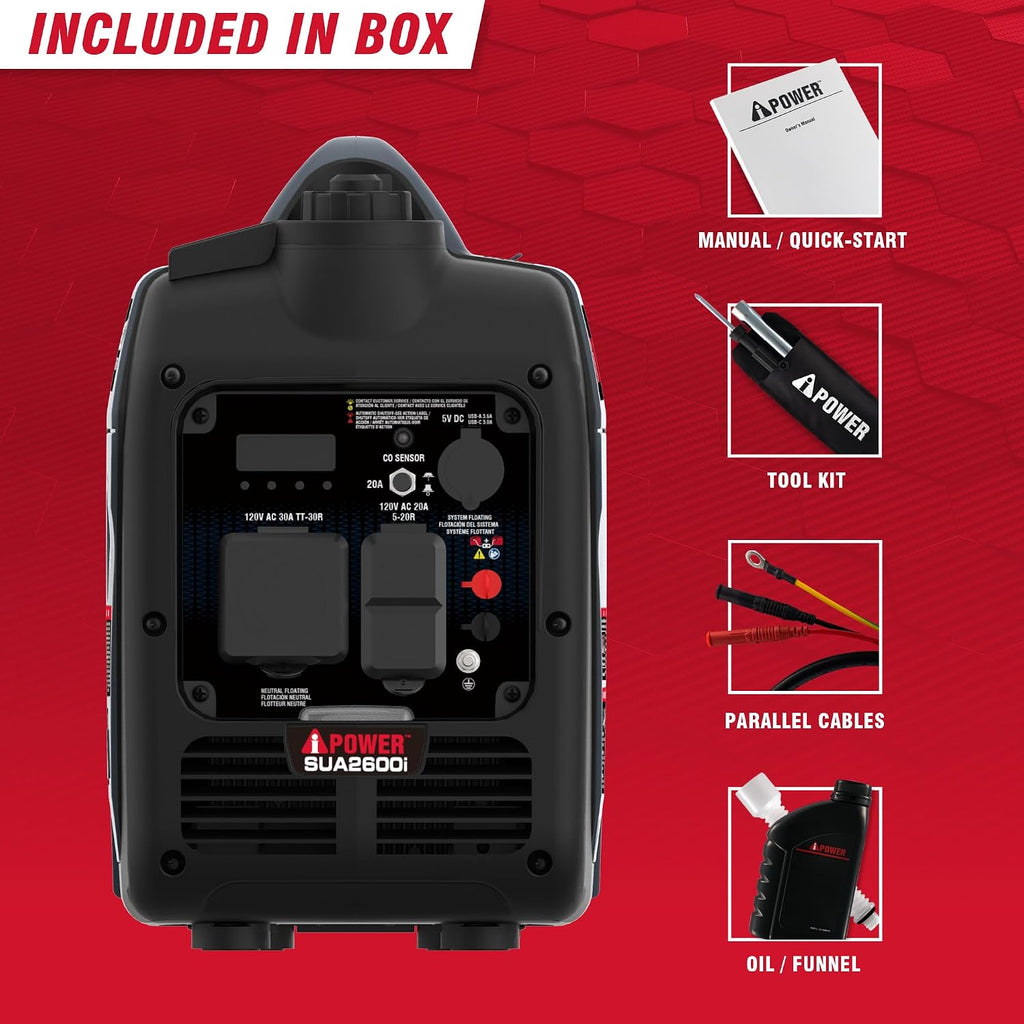 A-iPower Quiet Inverter Generator, 2600W RV Ready, EPA & CARB Compliant CO Sensor, Portable Ultra-Light Weight For Backup Home Use, Tailgating & Camping (SUA2600i)