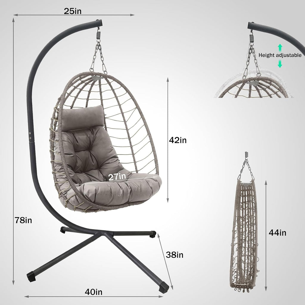 Foldable Egg Chair Outdoor with Stand, Indoor Wicker Hanging Egg Swing Chair with Cushion, 350lbs Capacity for Patio, Bedroom, Garden - Light Gray