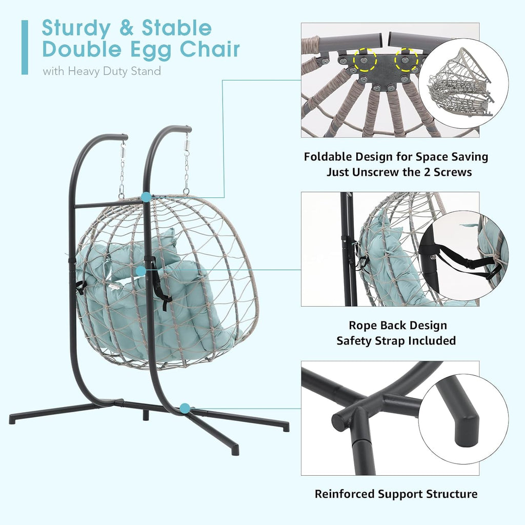 Patiorama 2 Person Double Egg Swing Chair with Stand Indoor Outdoor, Patio Wicker Rattan Hanging Egg Chair w/Cushion, Pillow, Foldable Hammock Chair 550lbs for Bedroom, Balcony, Garden (Light Blue)