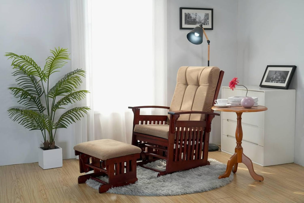 Glider Rocking Chair Nursery with Ottoman Smooth Rocking Motion, Easy to Assemble, Solid Hardwood Base Indoor Adult (Coffee)