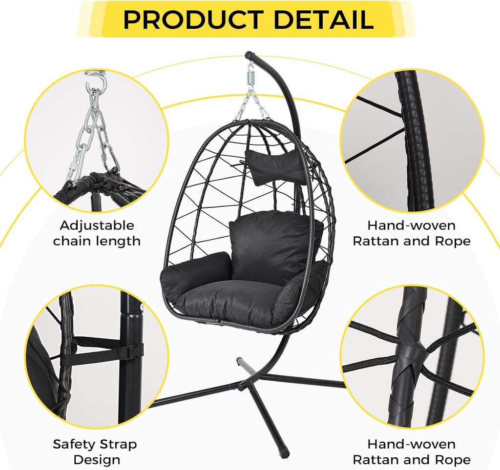 Egg Chair with Stand, Wicker Hanging Chair for Outdoor Patio, Cushioned Hammock Swing for Bedroom Garden Indoor/Outdoor, Double-Zipper Structure Hanging Egg Chair (Black and Black)