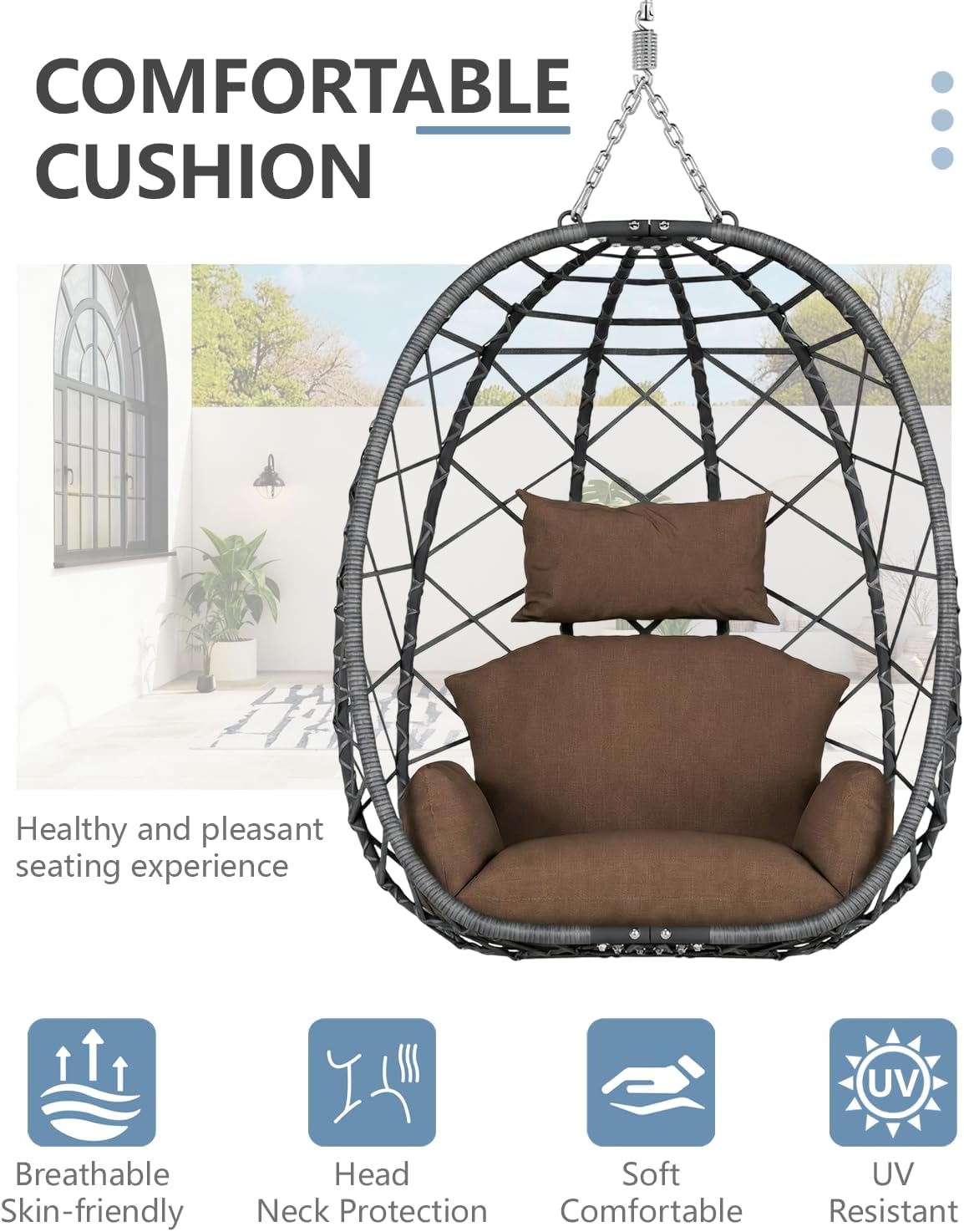 SWITTE Hanging Egg Chair with Stand, Outdoor Indoor Rattan Wicker Egg Swing Chair with Cushion, Heavy Duty Patio Hammock Chairs for Garden Backyard Balcony Bedroom, 400LBS Capacity, Brown