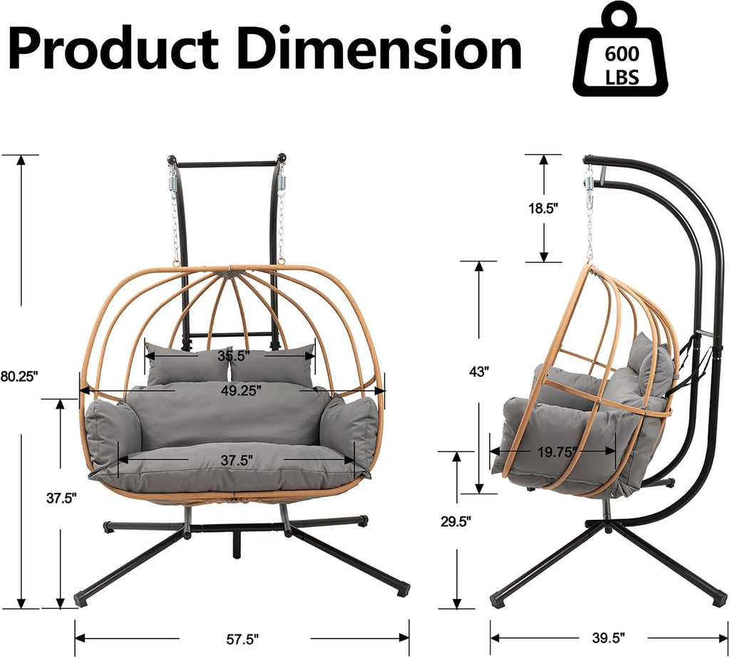Double Egg Swing Chair Outdoor, 2 Person Egg Chair Outdoor with Cushions, Imitation Rattan Hanging Egg Chairs Basket, Hanging Chairs with Stand, Metal Nest Swing Egg Chair for Balcony, Grey
