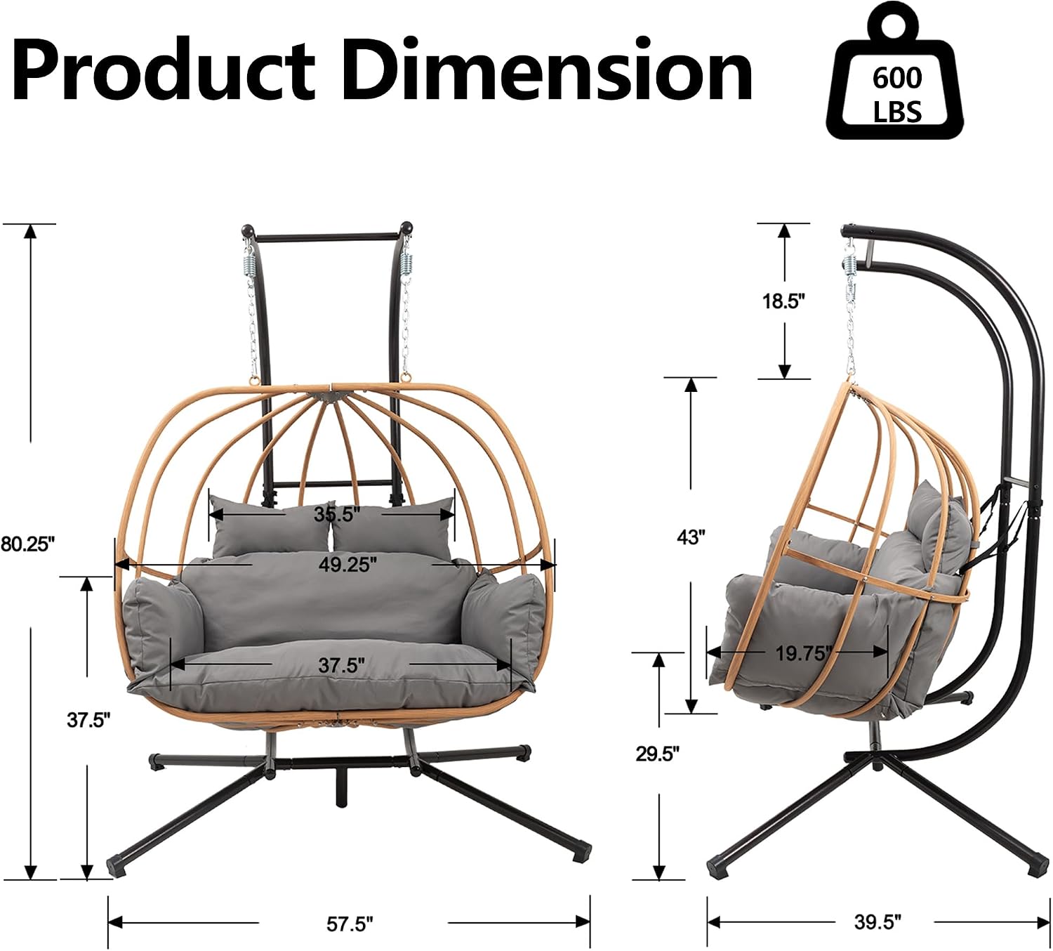 Double Egg Swing Chair Outdoor, 2 Person Egg Chair Outdoor with Cushions, Imitation Rattan Hanging Egg Chairs Basket, Hanging Chairs with Stand, Metal Nest Swing Egg Chair for Balcony, Grey