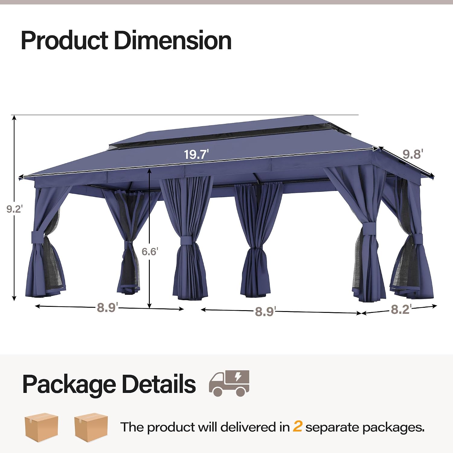 LAUSAINT HOME 10'x20' Outdoor Gazebo with 100FT String Lights, Metal Heavy Duty Patio Canopy Tent with Double Roofs, Mosquito Nettings and Privacy Screens for Backyard, Garden, Lawn, Navy Blue