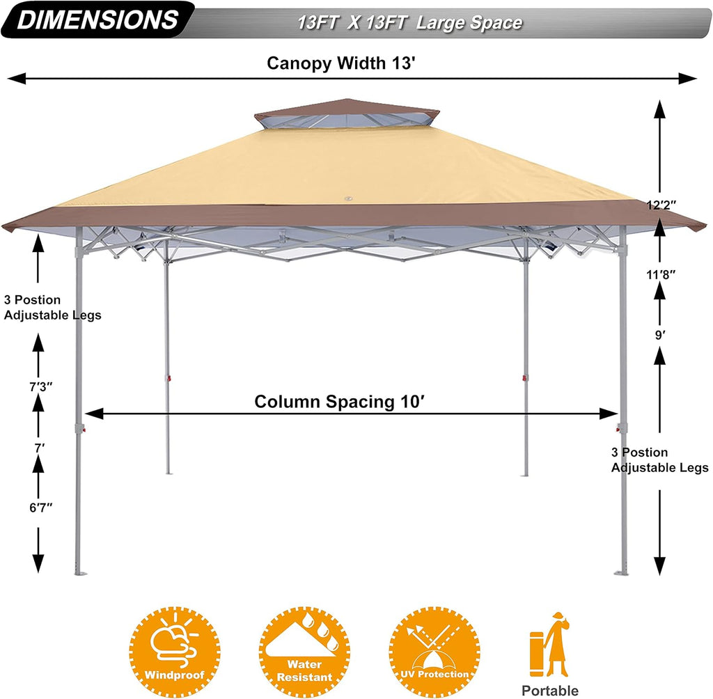 ABCCANOPY 13x13 Pop Up Canopy Base on 10x10 Canopy Frame with Double Ventilated Top, 4 Sandbags, 4 Ropes and 8 Stakes (Beige)