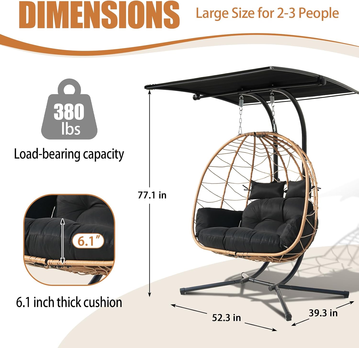 Double Egg Swing Chair With Stand & Adjustable Canopy, Outdoor Indoor Hanging Egg Chair, Handwoven Pe Rattan Loveseat With Uv-Resistant Cushions, 680Lbs Capacity For Patio, Garden, Balcony (Black)