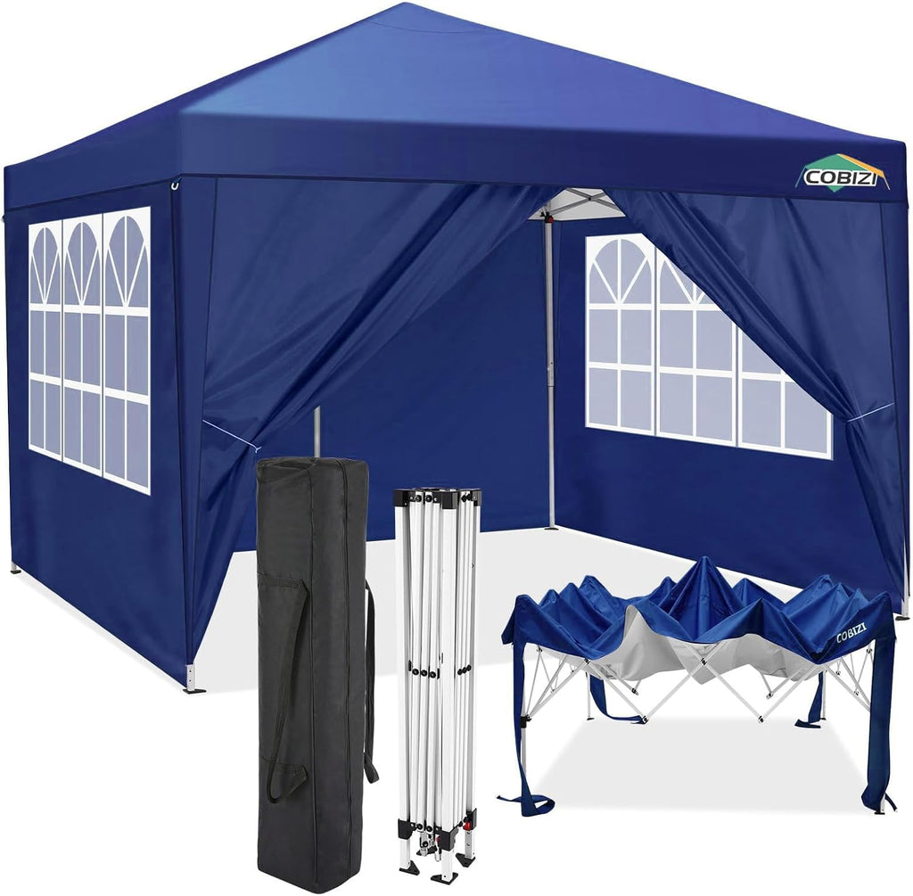 COBIZI 10x10 Pop Up Canopy Tent with 4 Removable Sidewalls, UPF 50+ Waterproof 10x10 Outdoor Portable Canopy for Commercial, Parties, Backyard, Beach with Carry Bag, Ropes, Stakes (Navy Blue, 10'x10')