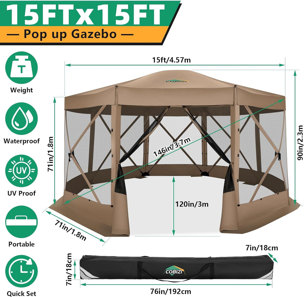 COBIZI Pop Up Gazebo Screen Tent Screen House for Camping, 15x15 Screen Room with Mosquito Netting, Hub Tent Instant Screened Canopy with Carrying Bag and Ground Stakes, Khaki