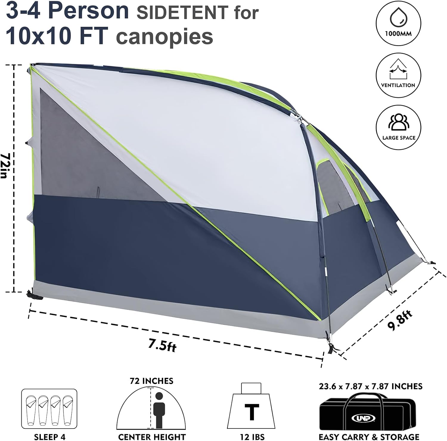 UNP Canopy Side Tent, Camping Cube Tents for Pop Up Canopies,Easy Up Side Tents for 4-Person, Fit with 10'x10' Outdoor Canopy Tent (Dark Blue)