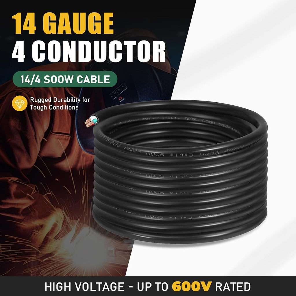 100ft 14/4 14 AWG Portable Power Cable (4 Conductor) - SOOW 600V 14 Gauge Electric Wire for Generator, Portable Lights, RV/EV Car Battery Chargers and Machinery - 100 Feet Electrical Cord