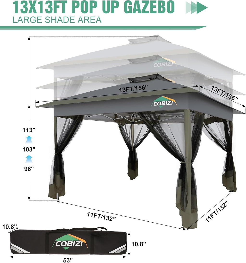 COBIZI 13x13 Pop Up Canopy Tent-Gazebos On Clearance Upgrade Metal Outdoor Canopy Waterproof - Portable Gazebo with Mosquito Nettings, 4 Ropes 8 Stakes and Carry Bag for Patio Garden(Gray)