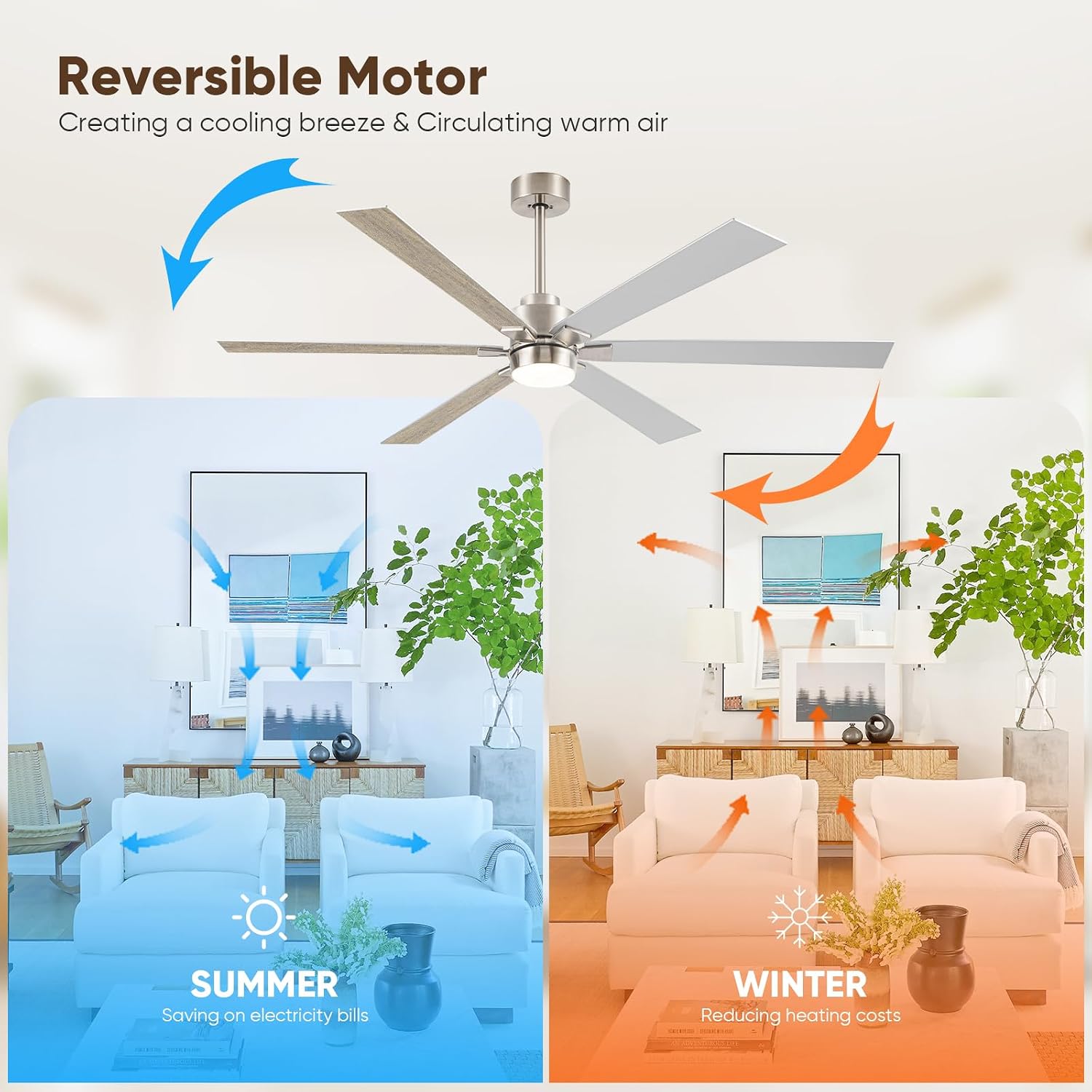 Outdoor Ceiling Fans for Patios with Light, 66 inch Large Ceiling Fans with Lights, Modern Indoor Exterior Large Airflow Commercial Ceiling Fan for Gazebo Porch Garage, Dual Finish-Nickel & Oak Gray
