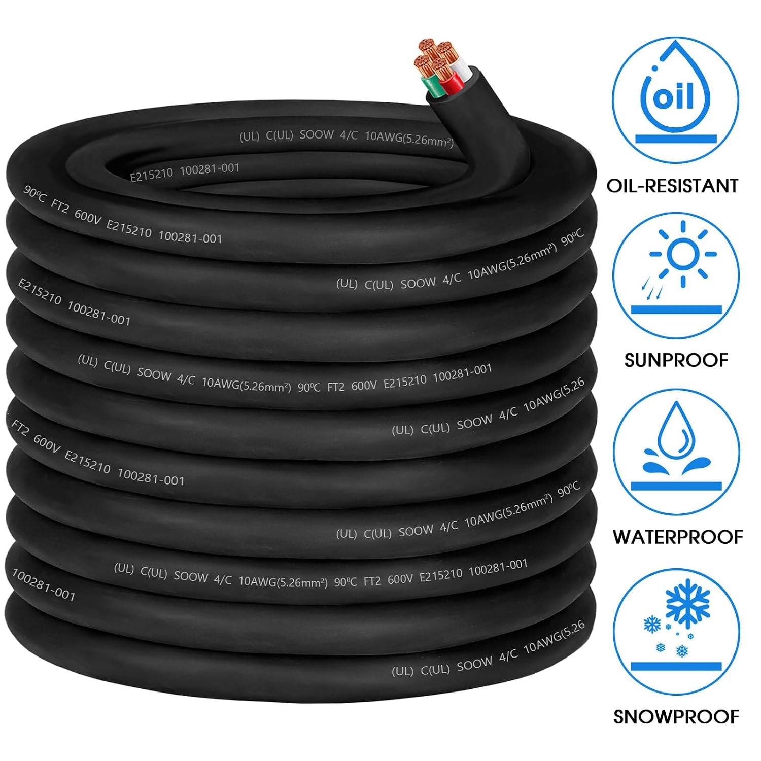 100ft 10/4 AWG SOOW Wire 10 Gauge Portable Power Cable 600V 4 Conductor 10/4 10 Gauge SOOW Extension Cord Electric Wire for Motor Lead,Generator,Welder,NEMA 14-30 RV Outlet Box,Car Battery Charger