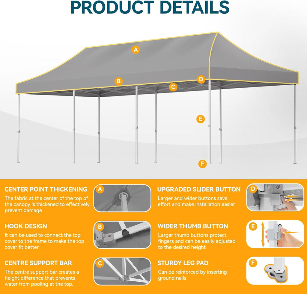 Hoteel 10x30 Pop Up Canopy Tent Heavy Duty with 5 Sidewalls, Waterproof Party Tent, Easy Set-up Commercial Instant Tents with Roller Bag & Sandbags, Hexagonal Leg (1-Year Warranty)