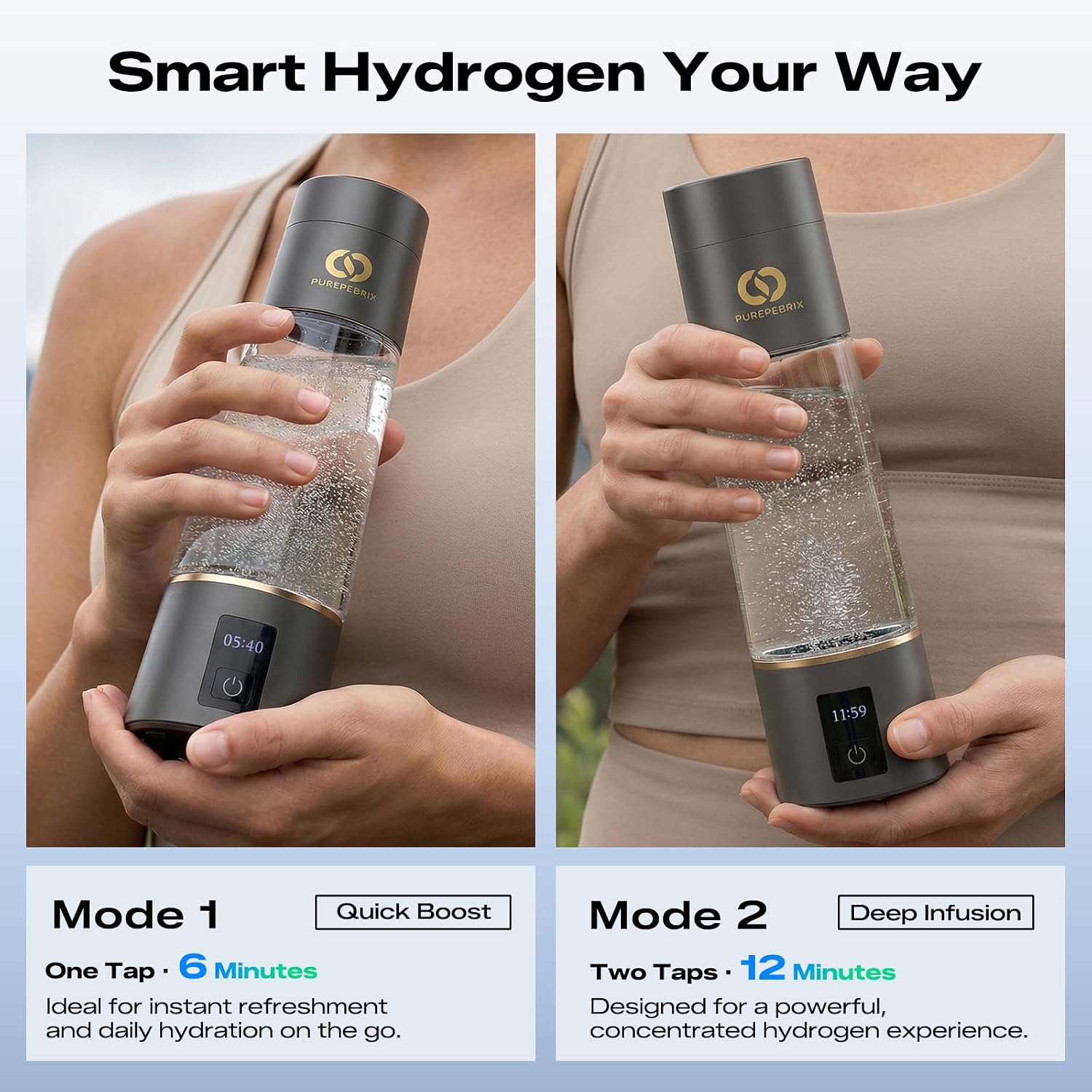 PUREPEBRIX Hydrogen Water Bottle Generator - IHSA Certified 6400 PPB Hydrogen Water Machine - Wellness Gift for Men, Hydrogen Water Pitcher (Grey)