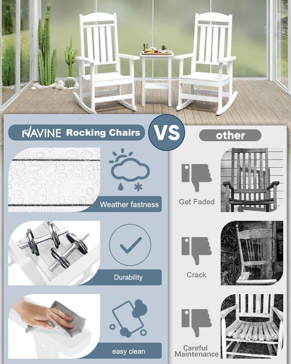 NAVINE 3-Piece Outdoor Rocking Chair Set, Oversized Porch Rocking Chair Set of 2 with Side Table, Suitable for Patio, Porch, Backyard