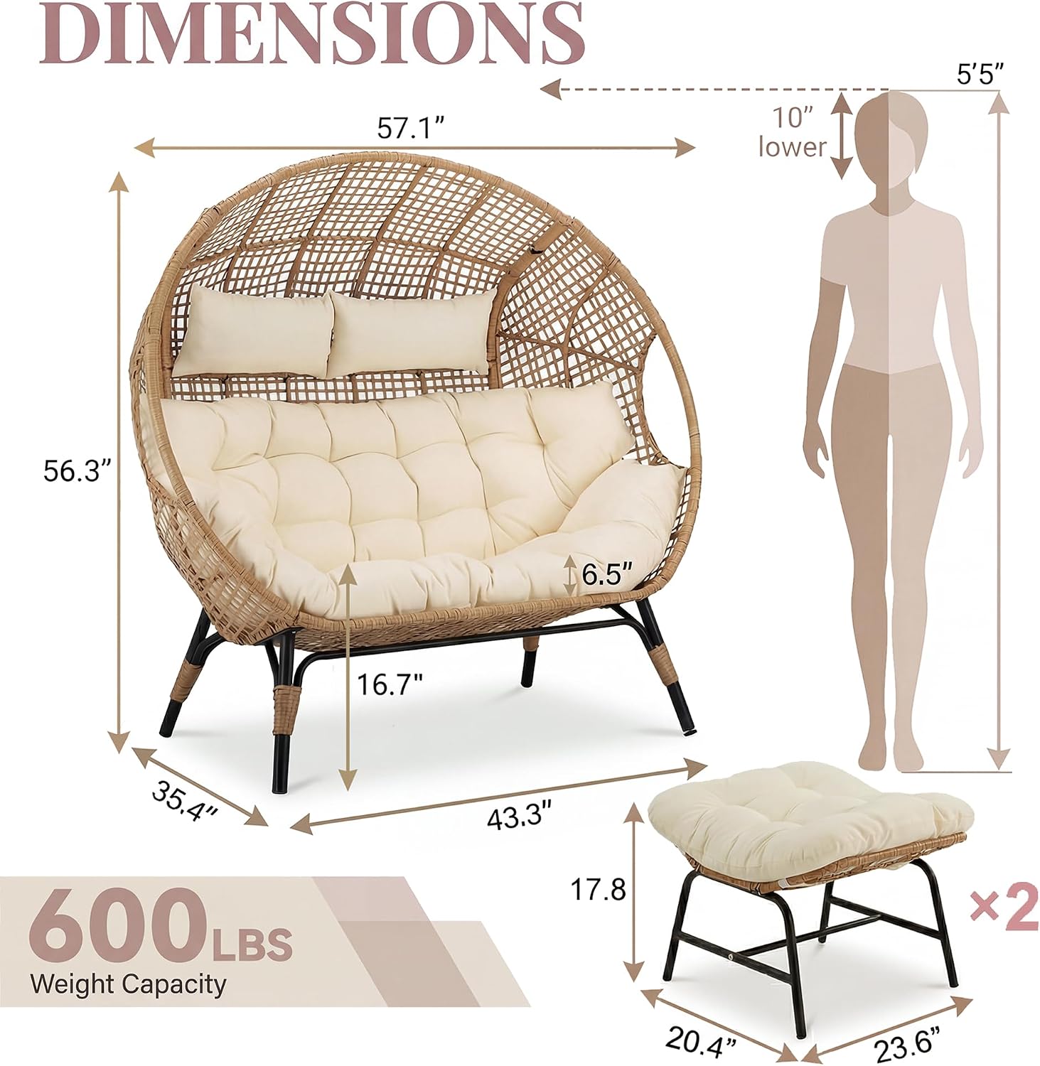 NICESOUL Modern Double Egg Chair with Footrest & Padded Cushions, 2 Person Wide Wicker Lounge Chair with Deep Seating, 57.1' Extra Large Stationary Loveseat Cozy Cream Chairs for Inside Outside
