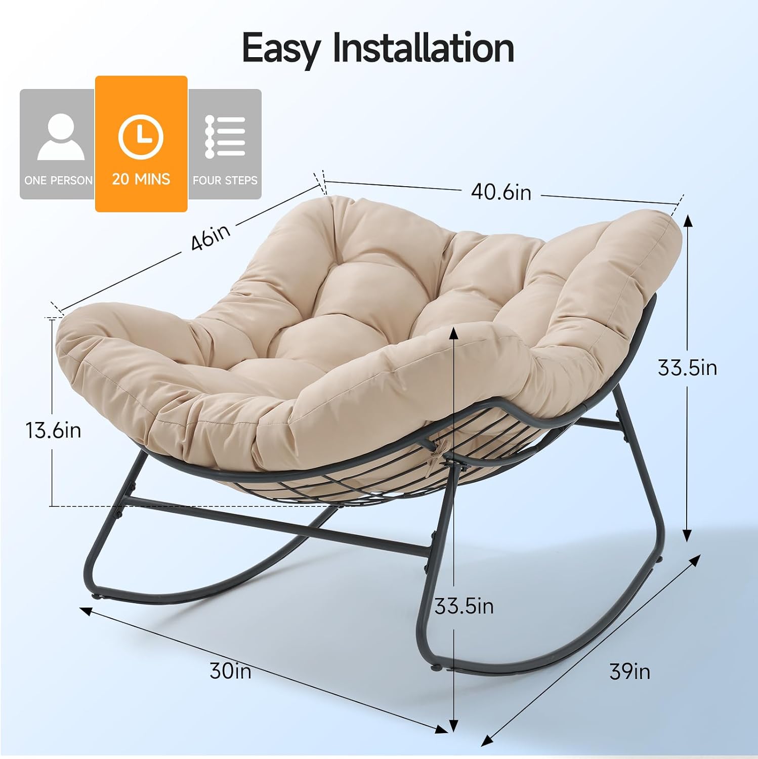 Papasan Rocking Chair Indoor, Oversized Rocking Chair with Thickened Cushion, 450 lbs Large Comfy Egg Chair Indoor,Cozy Lounge Reading Glider Chair for Bedroom, Beige