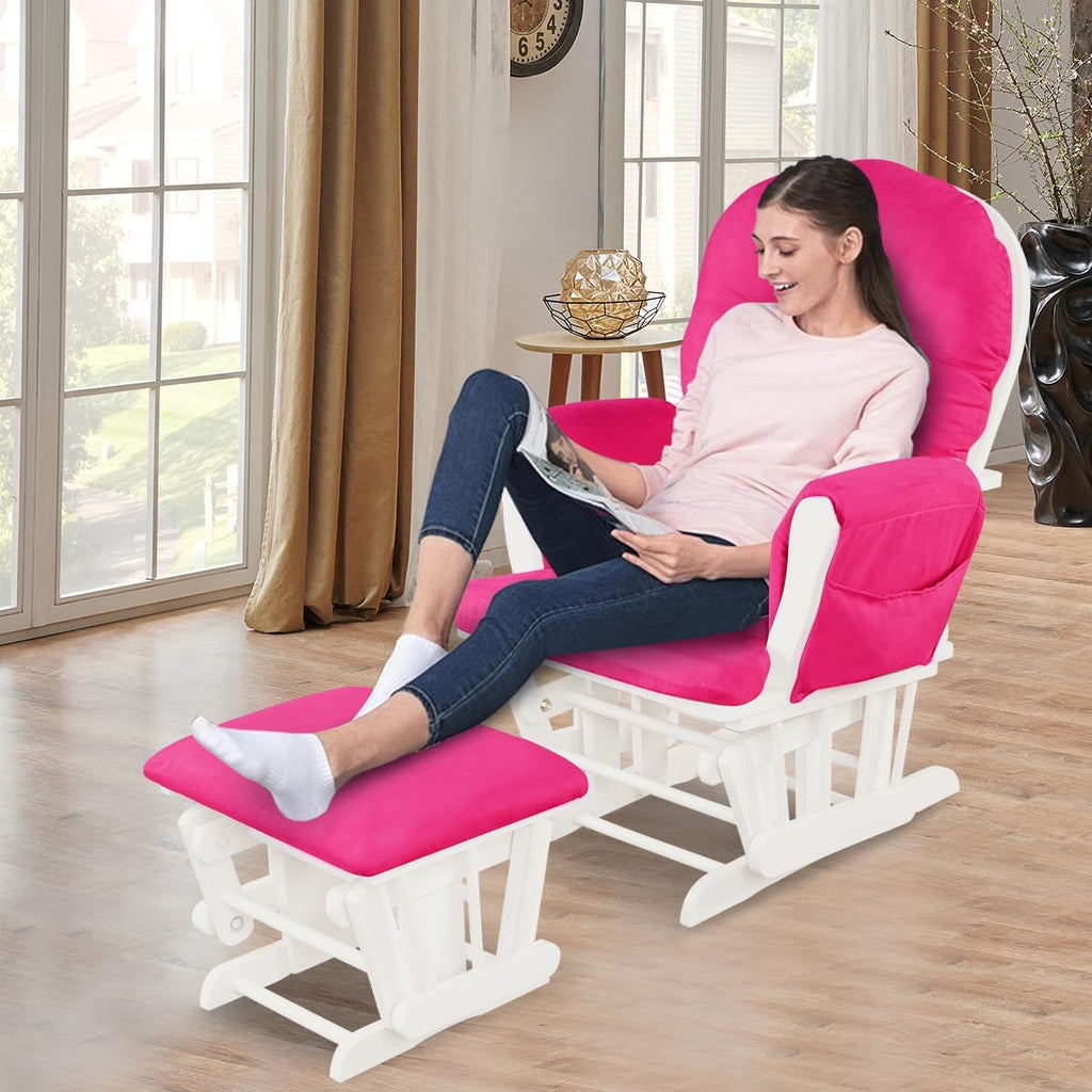 Costzon Nursery Glider with Ottoman, Upholstered Comfort Glider Rocker with Padded Cushion, Storage Pocket, Solid Wood Base, Rocking Chair Nursery for Breastfeeding, Napping (Deep Pink)