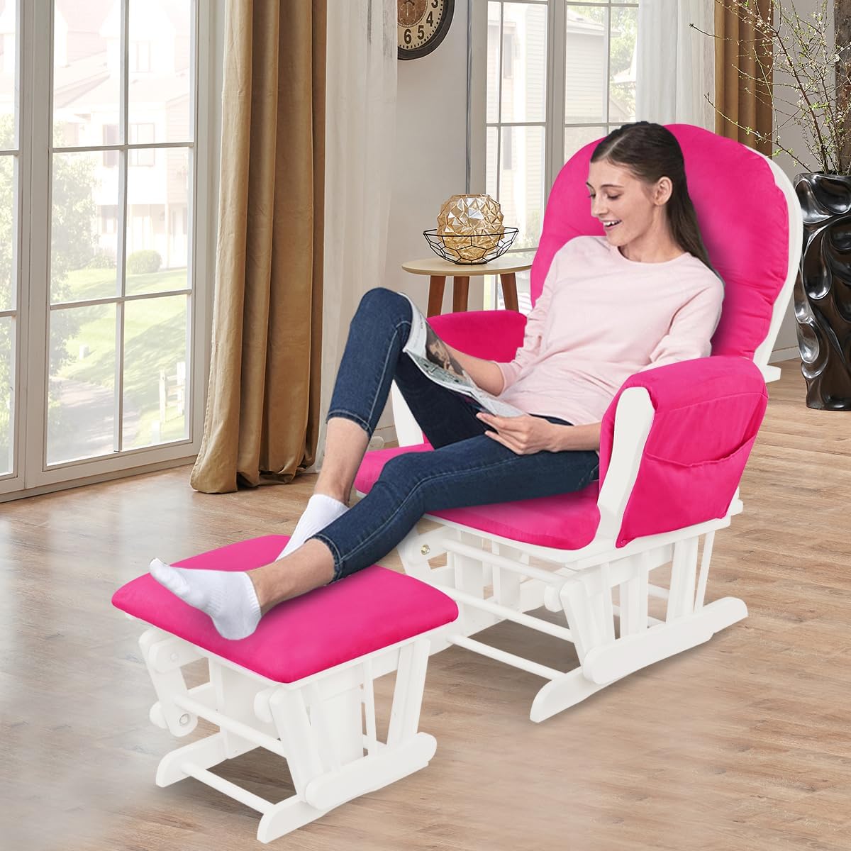 Costzon Nursery Glider with Ottoman, Upholstered Comfort Glider Rocker with Padded Cushion, Storage Pocket, Solid Wood Base, Rocking Chair Nursery for Breastfeeding, Napping (Deep Pink)