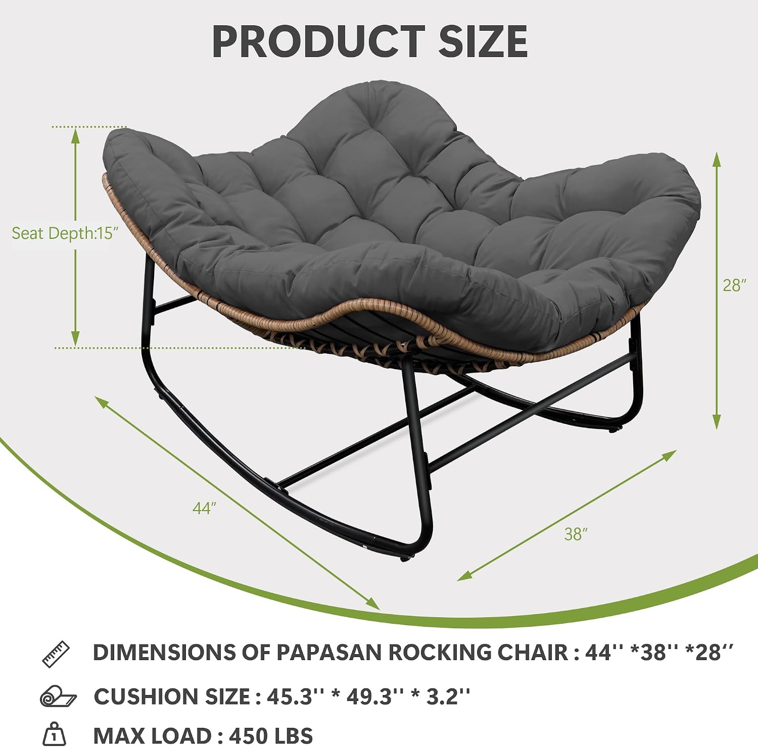 Patio Rocking Chair, Oversized Papasan Rocking Chair with Cushion and Frame for Indoor& Outdoor, Deep Seat Egg-Shaped Rocker Chair for Garden, Deck, Living Room, Grey