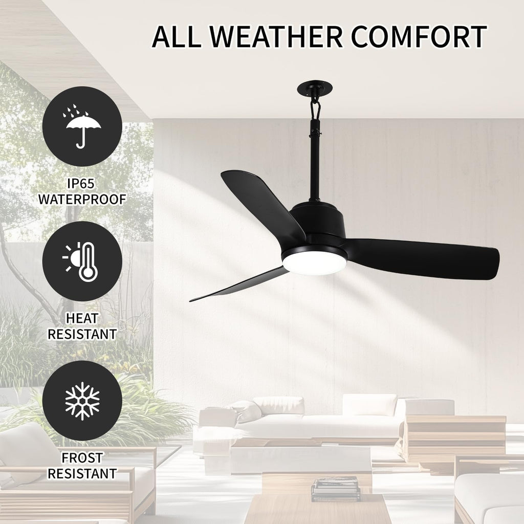 44'' Outdoor Ceiling Fan with Dimmable 3-Color LED Light, IP65 Waterproof for Patios Gazebos,Quiet DC Motor with 6 Speeds and Reversible Function, Remote Control for Patios, Industrial Style