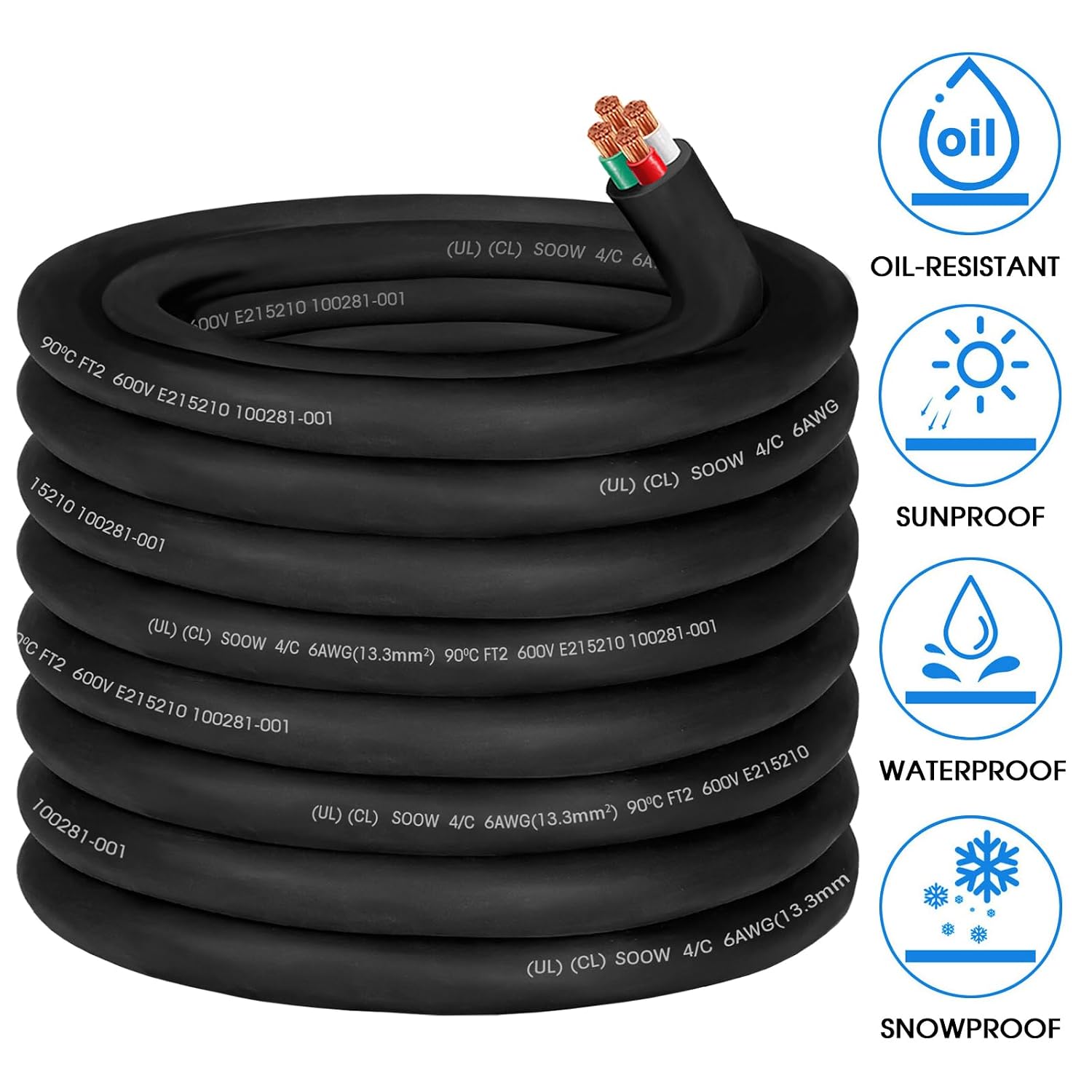 50ft 6/4 SOOW Cable 6 Gauge Wire SOOW Electric Wire 6 AWG 6/4 Portable Power Cord 600V 4 Conductor SOOW Extension Cord for Welder,Generator,Industrial Outdoor SOOW Bulk Cable with UL,Outer Dia 27.2mm