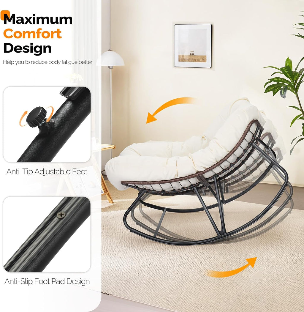 VINGLI Papasan Rocking Chair Outdoor, Patio Rocking Chair with Cushion, Comfortable Lounge Chair Weatherproof for Garden, Yard, Outdoor/Indoor, Beige