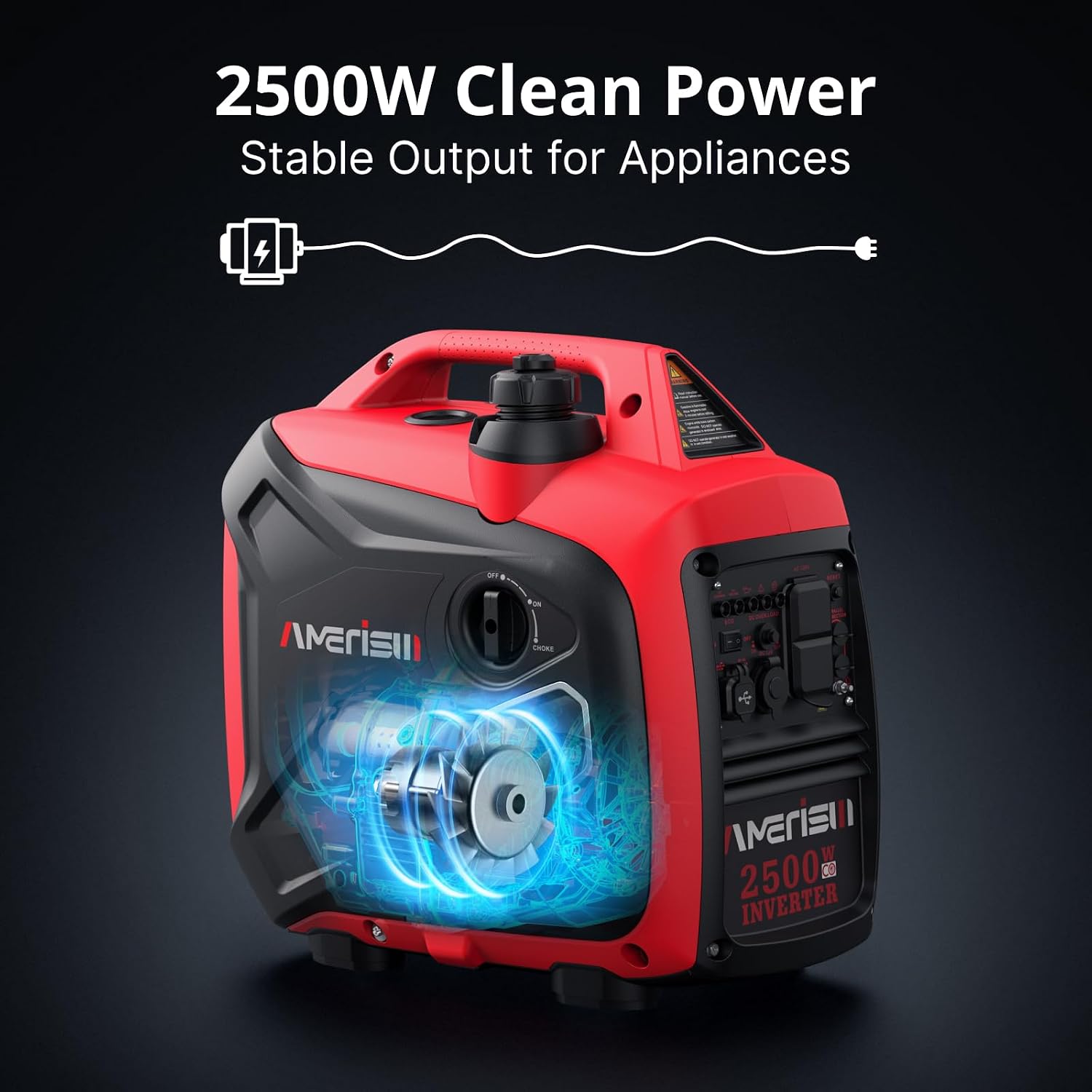 AMERISUN Portable Inverter Generator 2500W Gas Powered, Long Runtime Gas Generator for Home Backup, Emergency, Camping, EPA Compliant