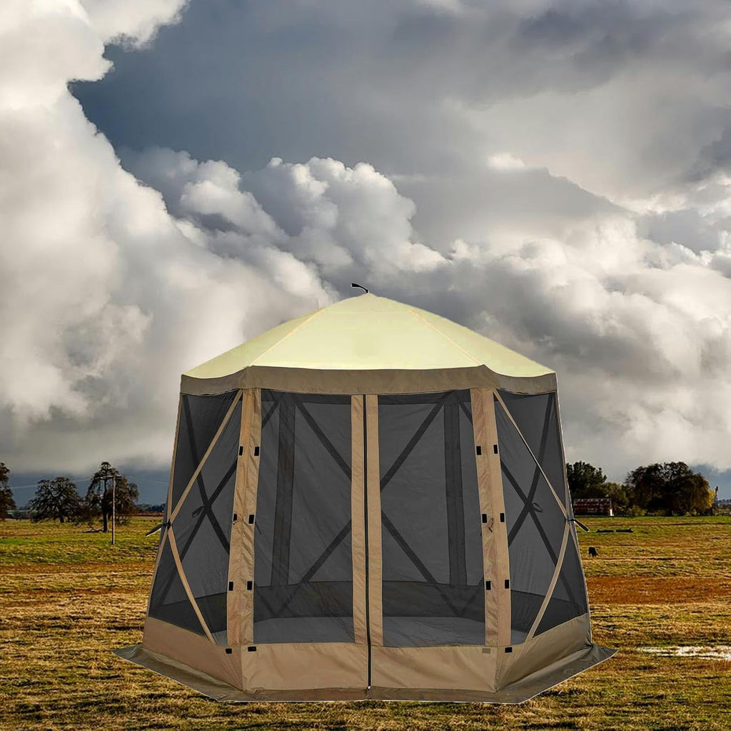 12x12ft Pop-Up Gazebo, Pop Up Canopy Outdoor Screen Tent 6 Side with Portable Carry Bag, Fiber Poles, Guy Rope, Ground Pegs, and 600D Oxford Cloth for Outdoor Camping, Lawn and Backyard
