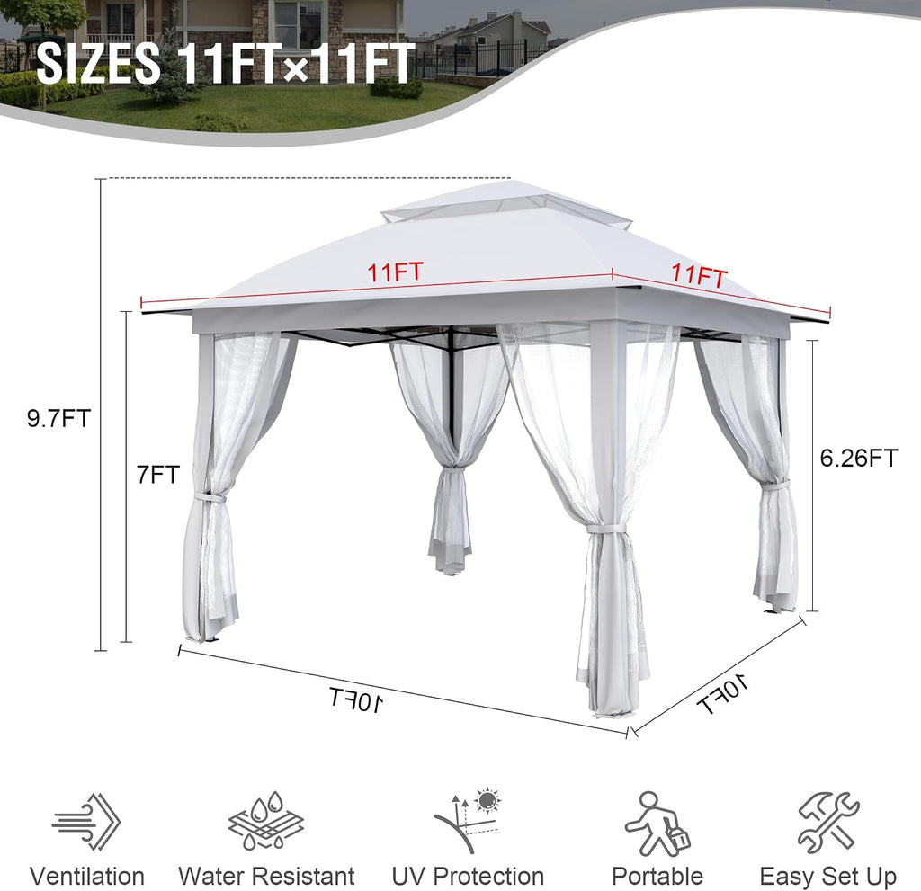 Pop Up Gazebo 11x11, Outdoor Instant Canopy Shelter Tent with Mosquito Netting Metal Frame Storage Bag for Patio Garden Backyard.(White)