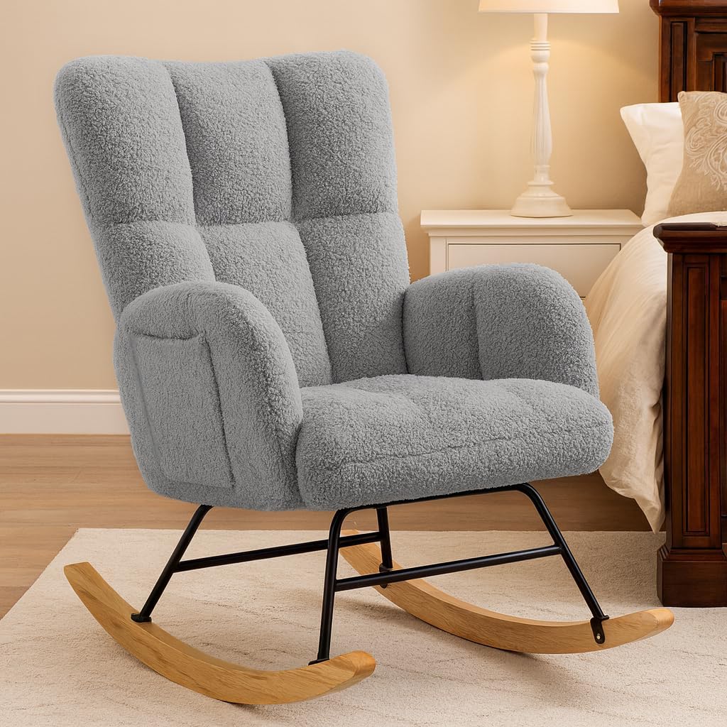 COMHOMA Nursery Rocking Chair, Teddy Upholstered Glider Rocking Chair with Side Pockets, Accent Chair with High Backrest Reading Chair for Adult, Nursery, Bedroom, Living Room,Offices(Grey)