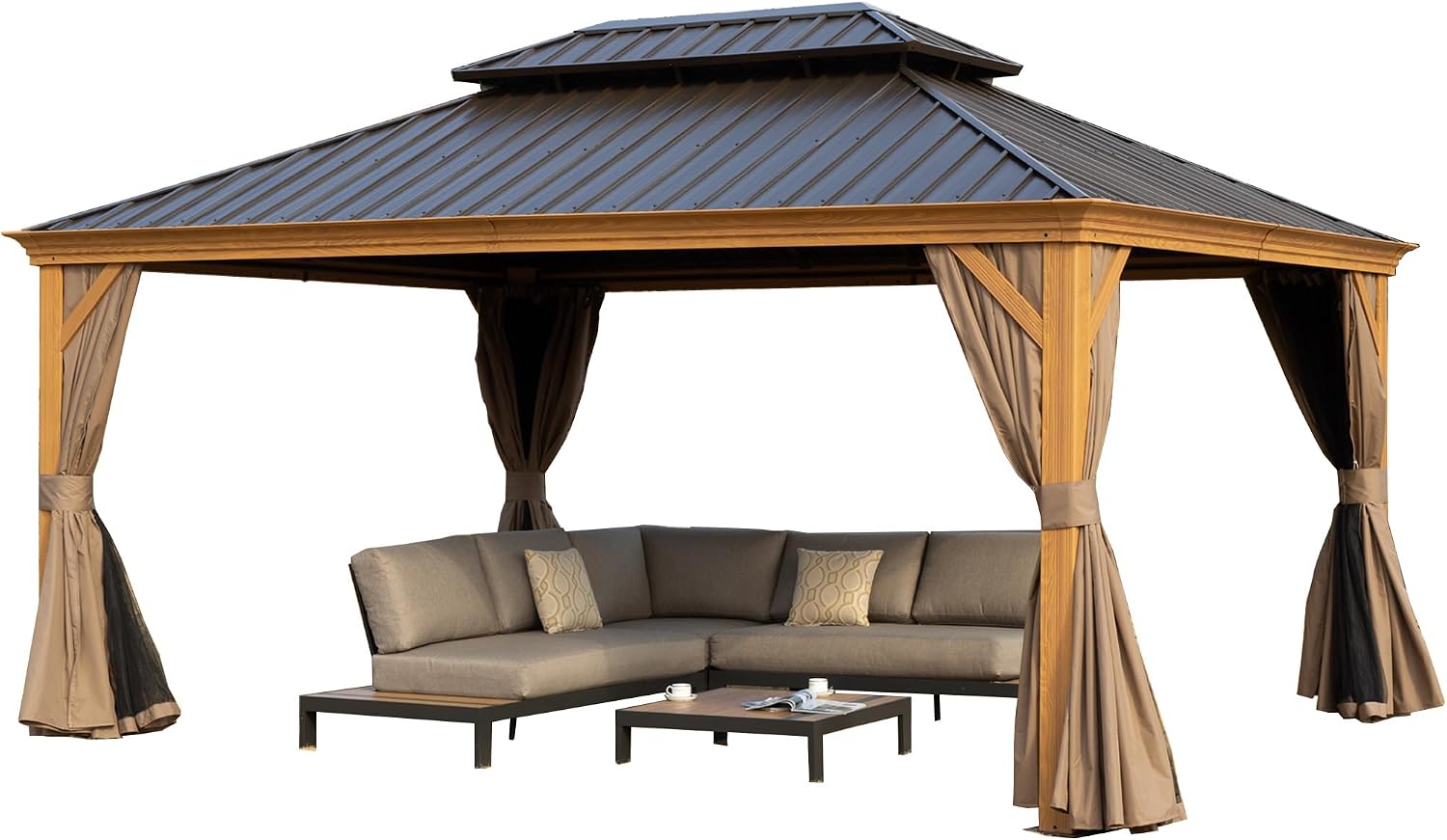 Kozyard Apollo 12'x16' Hardtop Gazebo, Wooden Coated Aluminum Frame Canopy with Galvanized Steel Double Roof, Outdoor Permanent Metal Pavilion with Netting for Patio, Deck and Lawn (12ft x 16ft)