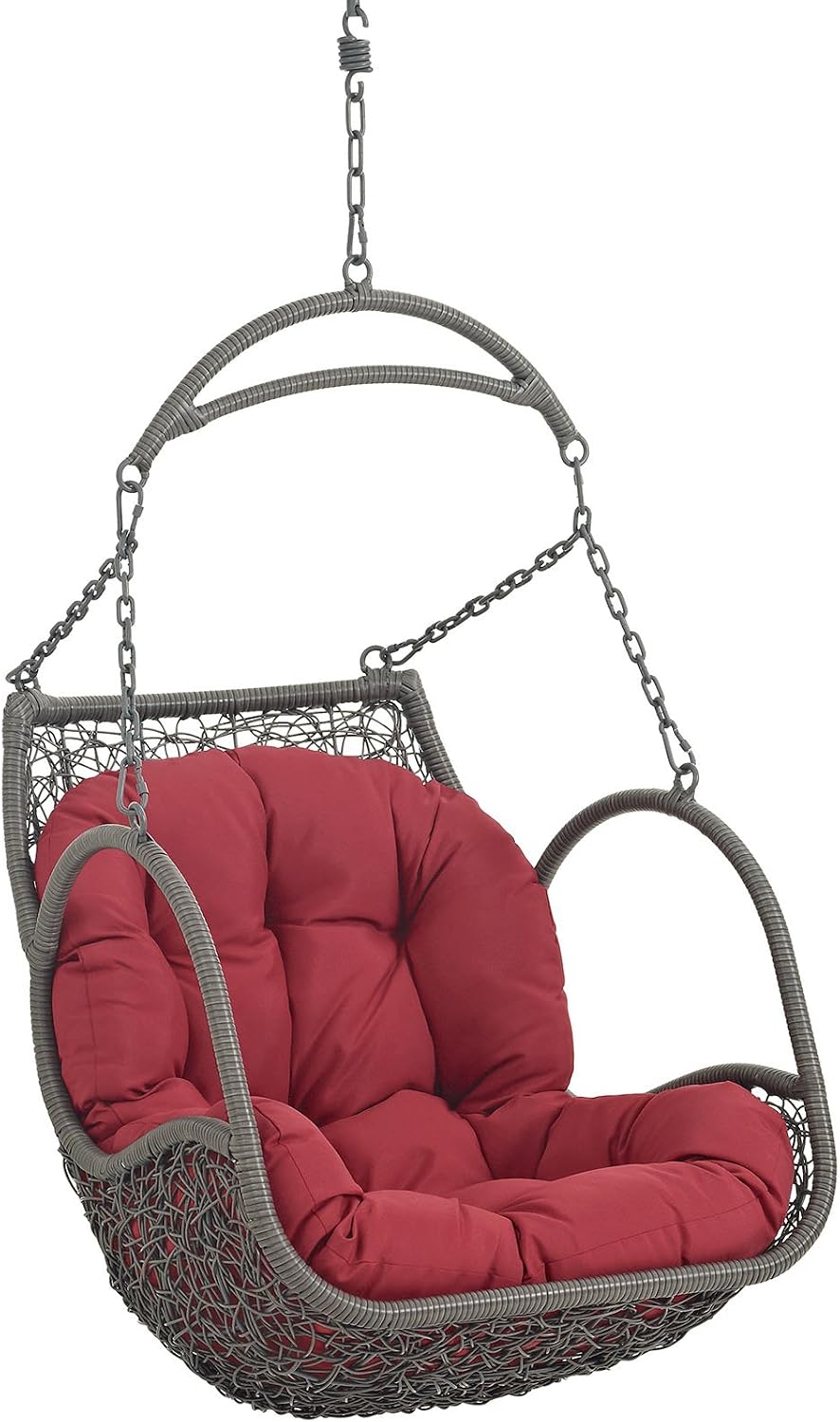 Modway Arbor Wicker Rattan Outdoor Patio Porch Lounge Hanging Swing Chair Set with Stand in Red