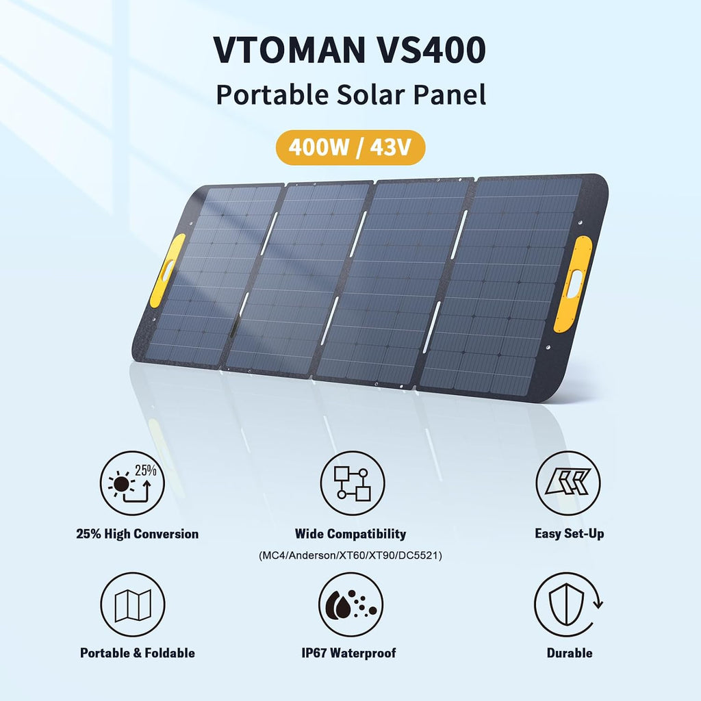 VTOMAN VS400 Portable Solar Panel 400W 40V, 23% Efficiency Foldable Solar Panel w/ IP67 Waterproof & MC-4 Anderson XT60 DC5521 Adapters & Adjustable Kickstands, Off-Grid Power for Home & Camping