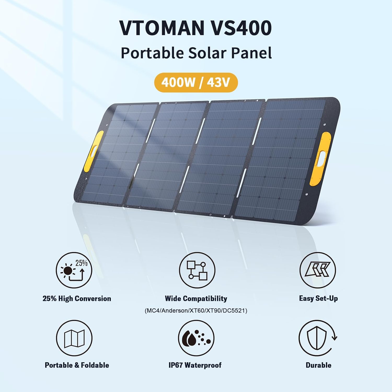 VTOMAN VS400 Portable Solar Panel 400W 40V, 23% Efficiency Foldable Solar Panel w/ IP67 Waterproof & MC-4 Anderson XT60 DC5521 Adapters & Adjustable Kickstands, Off-Grid Power for Home & Camping