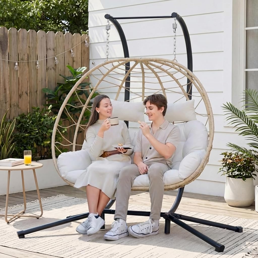 Easyego 2-Person Wicker Hanging Egg Chair with Stand- 700 lb Capacity, Indoor/Outdoor Double Egg Swing Hammock Chair for Patio, Garden, Porch, Living Room, Bedroom-Beige
