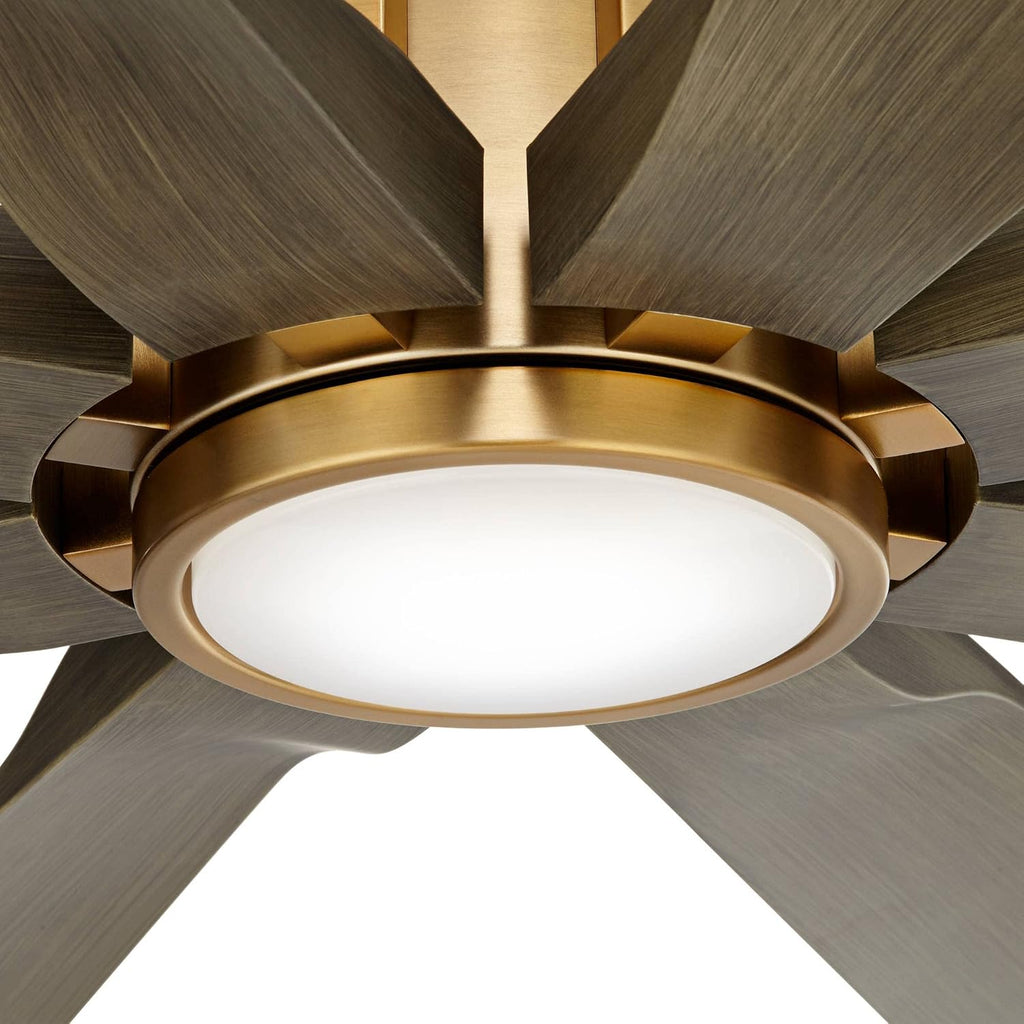 Possini Euro Design 70' Defender Modern Outdoor Ceiling Fan with Dimmable LED Light Remote Control Soft Brass Weathered Oak Blades Damp Rated for Patio Exterior House Porch Gazebo Garage Barn