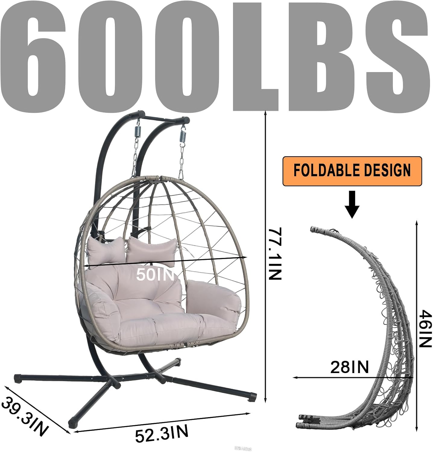 Double Egg Chair Outdoor, 2 Person Hanging Egg Chair with Stand, Patio Wicker Egg Swing Chair for Garden, Backyard, Balcony, 600Lbs Heavy Duty, Grey