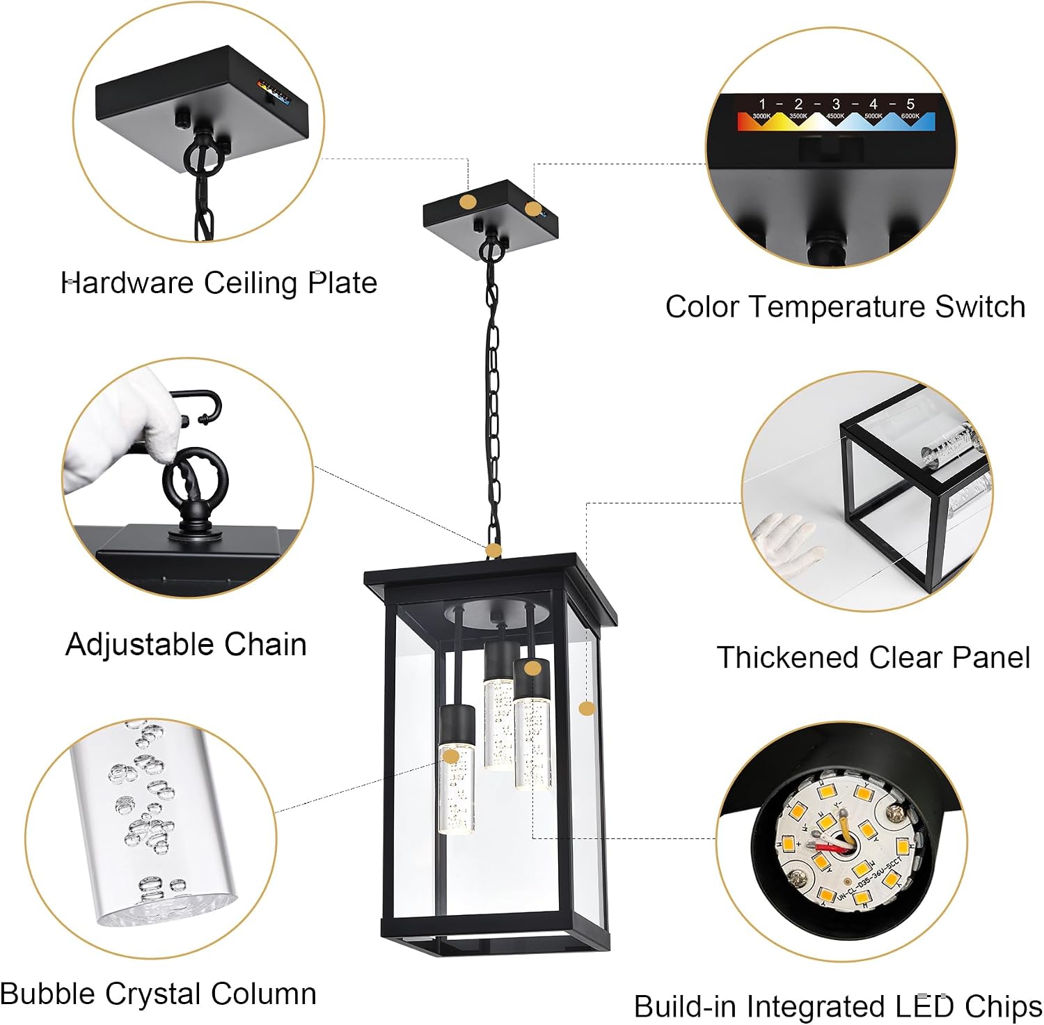 TODOLUZ 5CCT LED Large Outdoor Pendant Light Fixtures, LED Integrated Bulbs Included 3-Light Black Outdoor Hanging Lantern Light, Exterior Pendant Ceiling Lighting for Porch Yard Gazebo