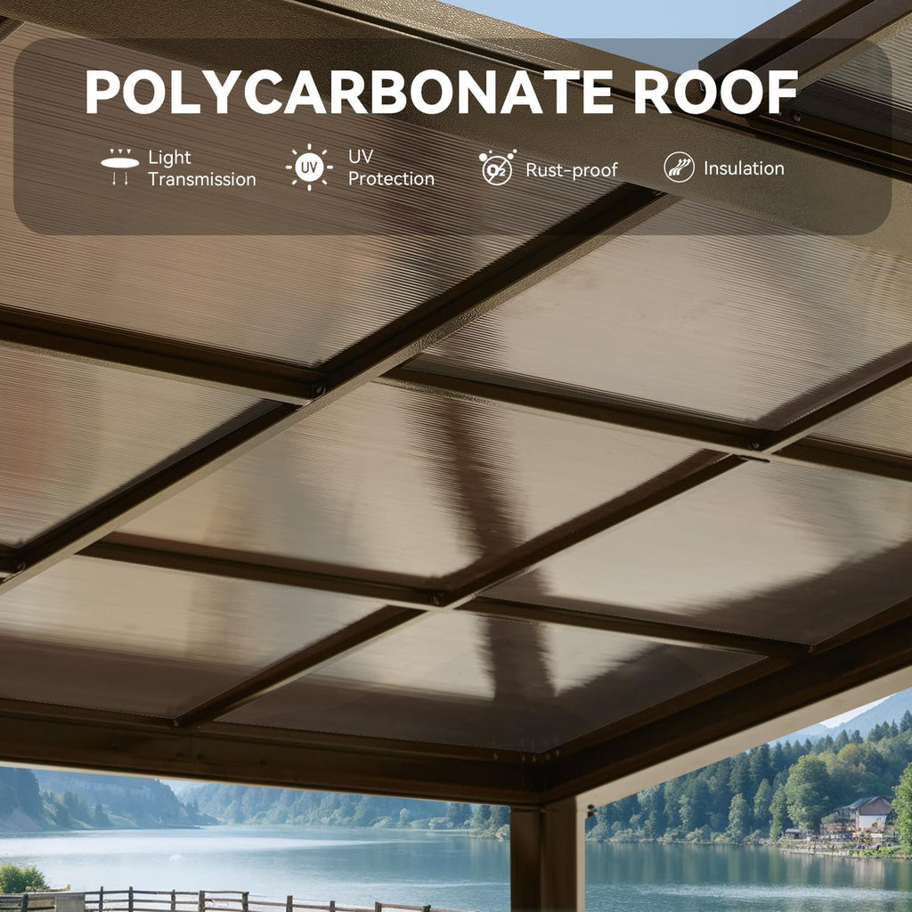 Gazebo 12x16 with Adjustable Polycarbonate Roofs, All Aluminum Frame Permanent Pergola for Patio, Outdoor Freestanding Shelter, Dark Brown