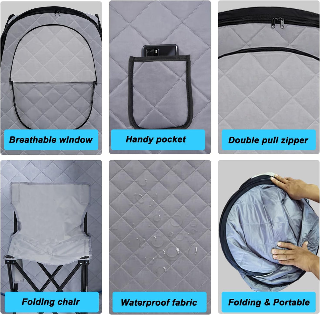 Foldable Portable Steam Sauna, Personal Sauna Tent for Home SPA with 1000w 2.2L Steamer, Folding Chair, Remote Control, Gray