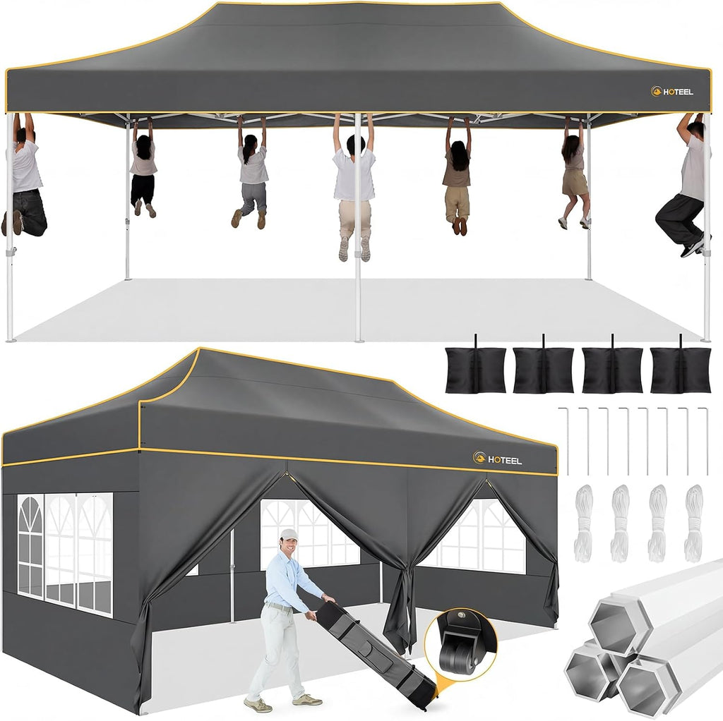 Hoteel 10x20 Pop Up Canopy Tent Heavy Duty with 6 Sidewalls, Waterproof Party Tent, Easy Set-up Commercial Instant Tents with Roller Bag & Sandbags, Hexagonal Leg (1-Year Warranty)