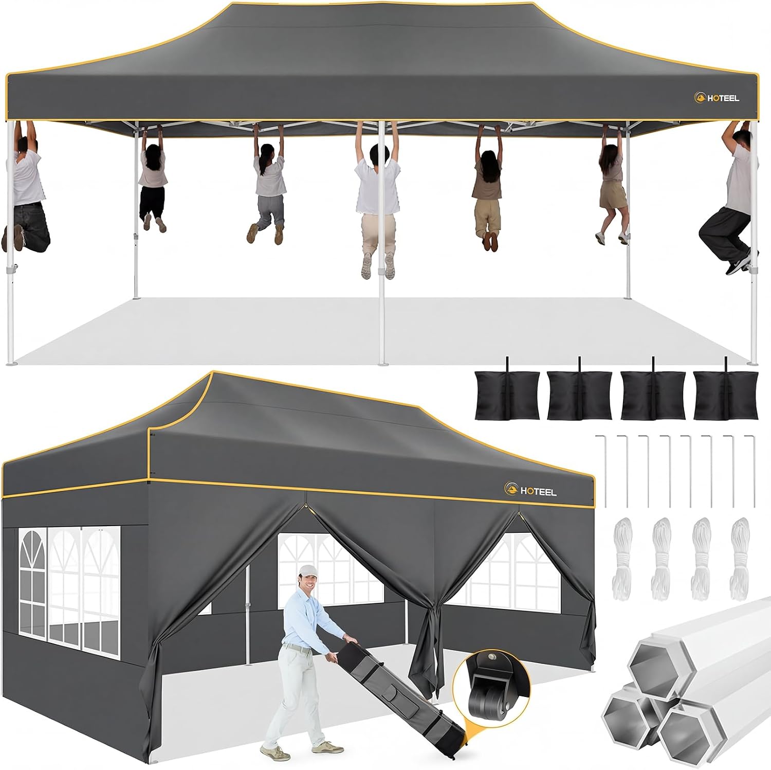 Hoteel 10x20 Pop Up Canopy Tent Heavy Duty with 6 Sidewalls, Waterproof Party Tent, Easy Set-up Commercial Instant Tents with Roller Bag & Sandbags, Hexagonal Leg (1-Year Warranty)
