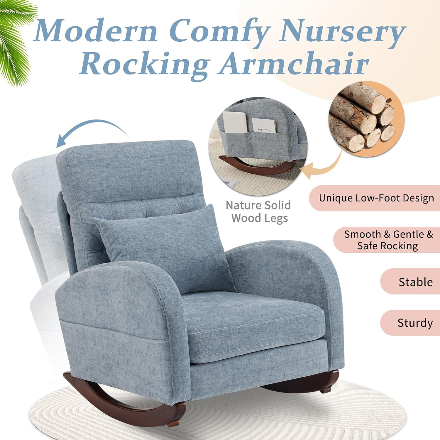 VINGLI Chenille Low Seat Nursery Rocking Chair,Upholstered Comfy Rocker Glider Chair with Side Pockets, Accent Arm Chair with High Backrest,Solid Wood Base for Living Room Bedroom Balcony,Blue