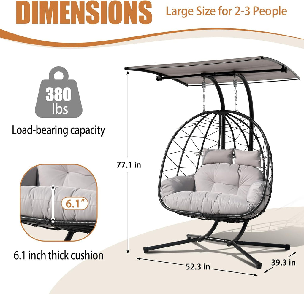 Double Egg Swing Chair with Stand & Adjustable Canopy, Outdoor Indoor Hanging Egg Chair, Handwoven Pe Rattan Loveseat with Uv-Resistant Cushions, 680Lbs Capacity for Patio, Garden, Balcony (Gray)