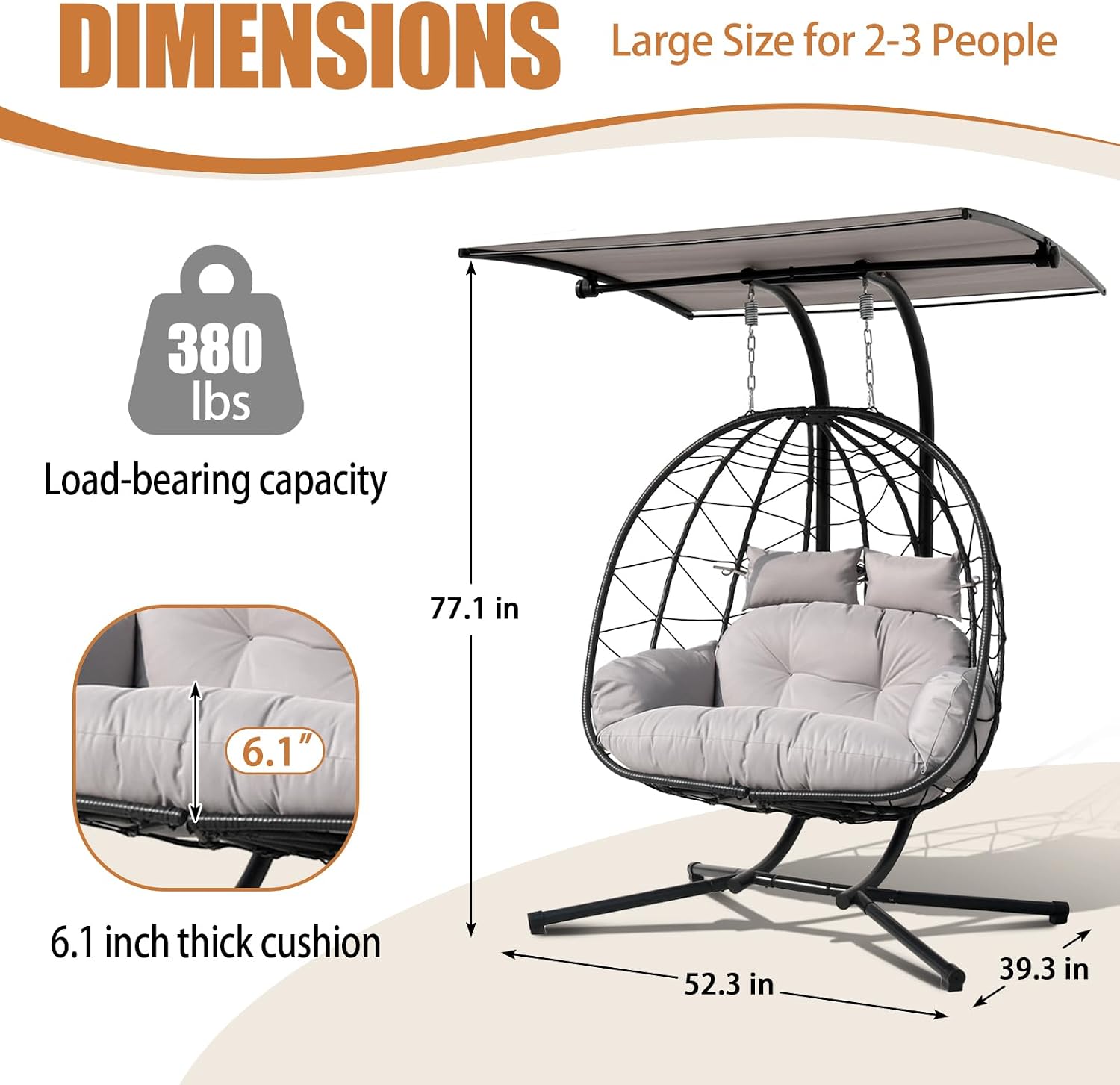 Double Egg Swing Chair with Stand & Adjustable Canopy, Outdoor Indoor Hanging Egg Chair, Handwoven Pe Rattan Loveseat with Uv-Resistant Cushions, 680Lbs Capacity for Patio, Garden, Balcony (Gray)